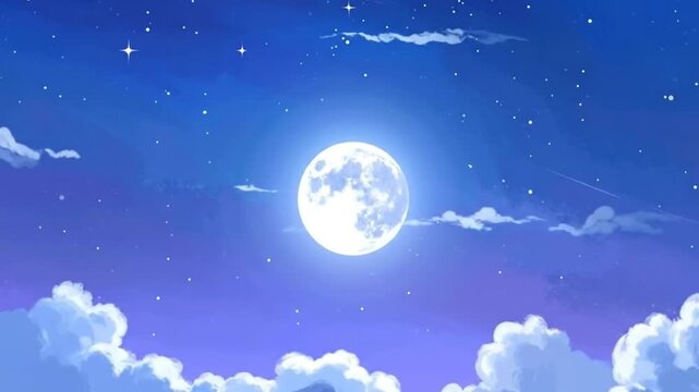 Dreamy night sky illustration with a full moon shining through f clouds.