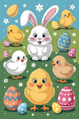 Naklejka premium Cute bunny and chicks with decorated easter eggs