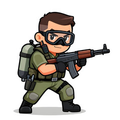 Naklejka premium A sturdy special forces soldier with a combat weapon, fully equipped in special combat gear. Cartoon mascot, illustration, clean lines, flat design, modern, high quality