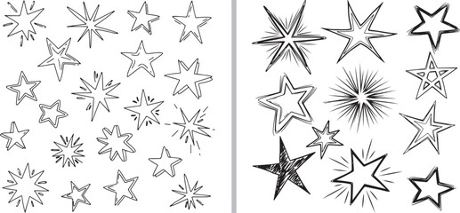 A comprehensive set of hand-drawn star doodles. Left side features various black ink outlines and solid silhouettes  right side displays vibrant yellow stars with expressive motion and glow lines. © Muhammad