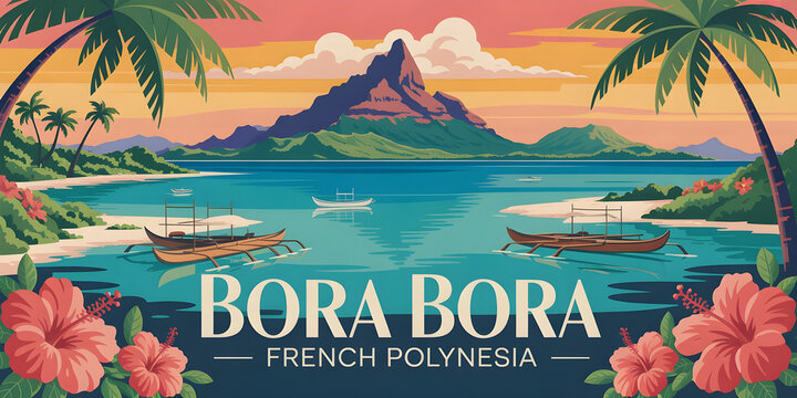 Bora bora travel poster with mount otemanu and palm trees