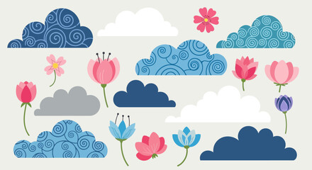 Fototapeta premium A whimsical collection of stylized clouds and blooming flowers in various shades of blue, pink, and white, set against a neutral background.
