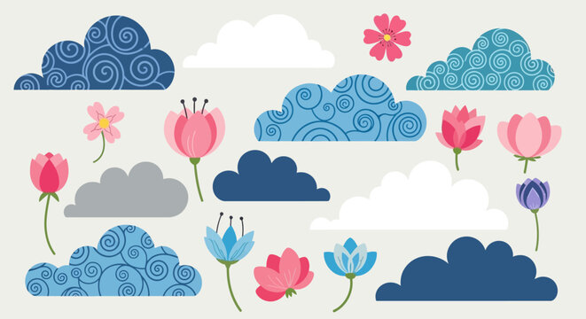 A whimsical collection of stylized clouds and blooming flowers in various shades of blue, pink, and white, set against a neutral background.