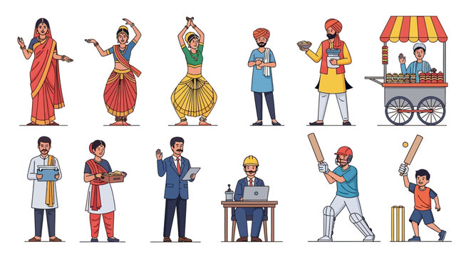 Diverse group of Indian people in traditional and modern attire, engaged in various activities like dancing, serving food, playing cricket, and working.