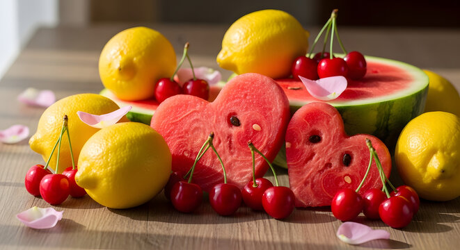 Heart Shaped Watermelon Slices with Fresh Lemons and Red Cherries