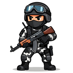 Naklejka premium A sturdy special forces soldier with a combat weapon, fully equipped in special combat gear. Cartoon mascot, illustration, clean lines, flat design, modern, high quality