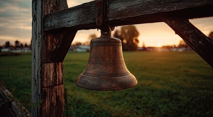 Fototapeta premium Close-up of aged bronze bell, suspended from wooden structure, against a tranquil sunset