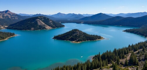 Fototapeta premium A serene aerial view of a turquoise lake surrounded by lush green mountains. big bear lake california