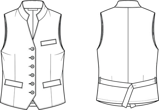 Technical vector illustration of a professional waistcoat vest featuring front and back view design flats with buttons and pockets for formal uniform apparel mockups