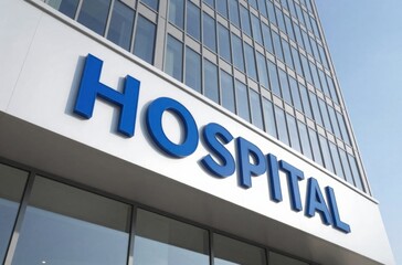 Modern Hospital Building Exterior with Blue Signage Under Clear Sky for Healthcare Concepts