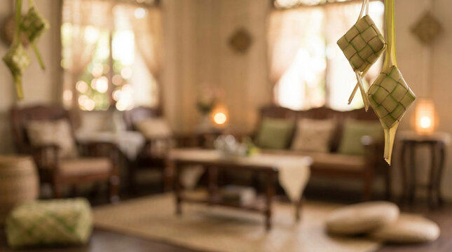 Blurred Malay Living Room Interior with Ketupat Decoration for Ramadan and Eid Background