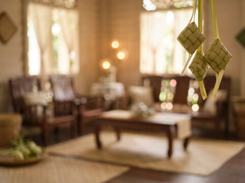 Blurred Malay Living Room Interior with Ketupat Decoration for Ramadan and Eid Background