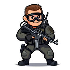 Naklejka premium A sturdy special forces soldier with a combat weapon, fully equipped in special combat gear. Cartoon mascot, illustration, clean lines, flat design, modern, high quality