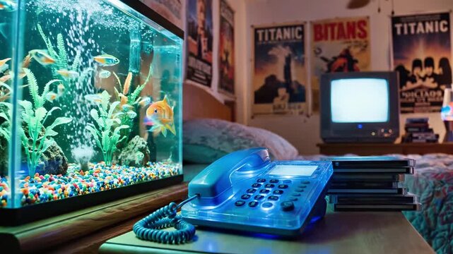 A blue-lit phone sits beside a fish tank on a bedside table in a dimly lit bedroom