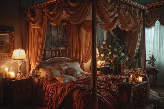 Luxurious bedroom with four-poster bed and warm lighting creating a romantic, inviting atmosphere