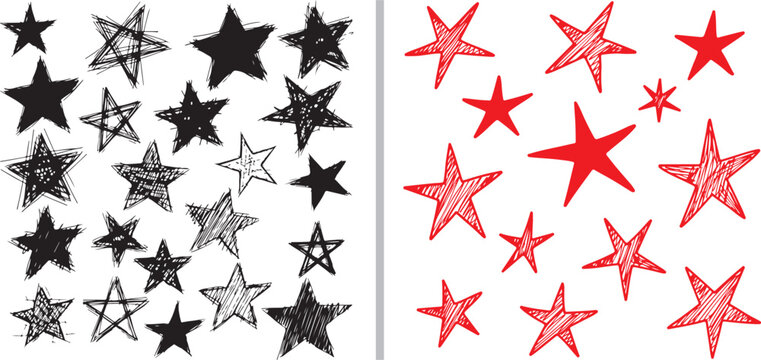 A dynamic collection of hand-drawn star doodles. Left side features messy, textured black ink sketches and solid silhouettes; right side displays vibrant red stars with energetic hatching.