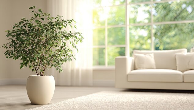 Sunny living room with a houseplant, neutral sofa, rug, and window overlooking a green yard