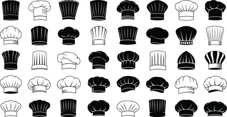 Chef Hat Silhouette Vector Illustration Set with Classic and Modern Cooking Toques in Black and White Styles for Restaurant, Culinary, and Food Branding Designs