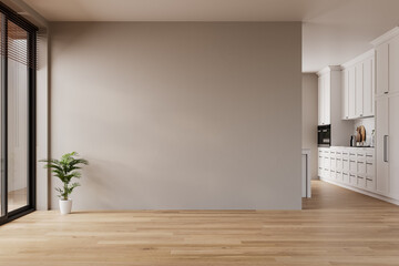 Minimalist empty wall mockup in modern room with wooden floor and kitchen background 3d rendering