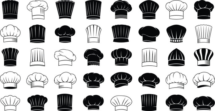 Chef Hat Silhouette Vector Illustration Set with Classic and Modern Cooking Toques in Black and White Styles for Restaurant, Culinary, and Food Branding Designs