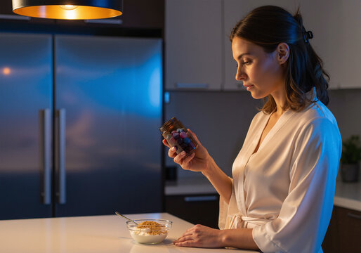 Young woman in pajamas eating midnight snack in dark kitchen checking jar label