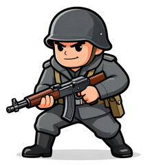 Naklejka premium A sturdy special forces soldier with a combat weapon, fully equipped in special combat gear. Cartoon mascot, illustration, clean lines, flat design, modern, high quality