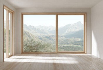 Fototapeta premium Empty room with expansive wooden windows framing a breathtaking mountain vista. Natural light floods the space