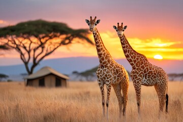 Obraz premium Giraffes standing in savanna grass at african sunset