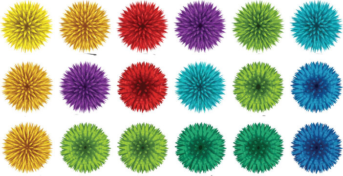 Colorful Abstract Flower Pom Pom Vector Illustration Set with Round Spiky Floral Shapes in Vibrant Colors for Decorative, Pattern, and Creative Design Projects