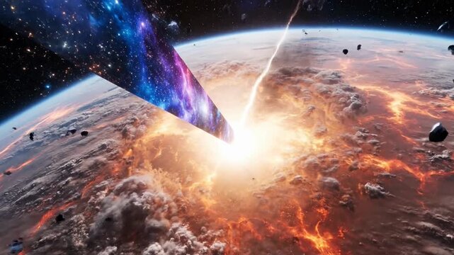 Cosmic impact event asteroid collision with earth dramatic sci fi scene