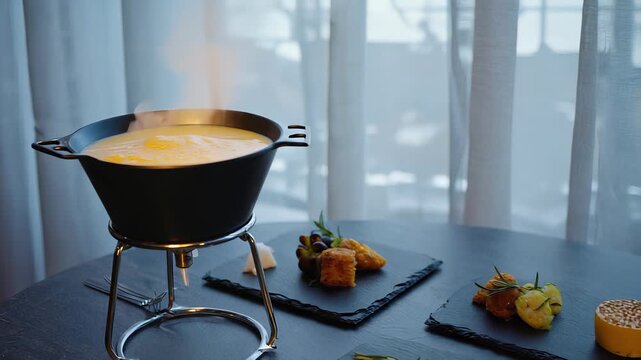 Fondue Feast: Gourmet Cheese Fondue with Bread, Fruit, and Roasted Potatoes Served on Slate Plates with Silver Utensils.