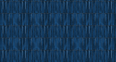 Seamless vertical glossy blue ceramic tiles with wavy glaze surface and reflective highlights
