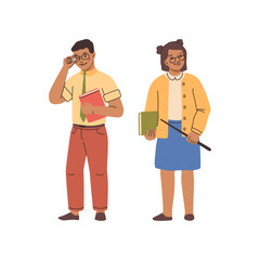 Male and female child character in role of teachers. Vector isolated girl and boy wearing formal clothes and glasses holding notebooks and pointer. Child development and creativity, social interaction