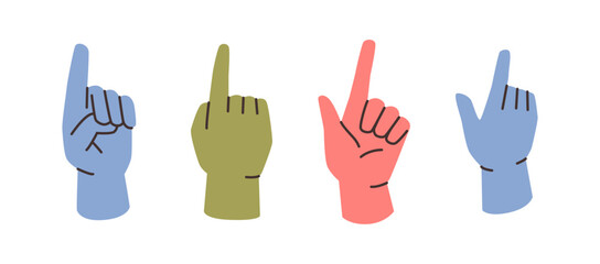 Obraz premium Hand gesture with forefinger index finger pointing or showing direction. Vector choose or directing attention, non verbal communication. Directional cue or identification, command or instruction