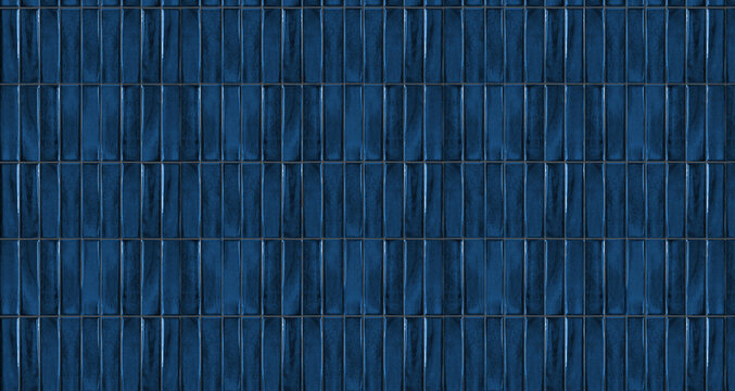 Seamless vertical glossy blue ceramic tiles with wavy glaze surface and reflective highlights