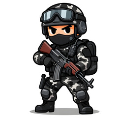 Naklejka premium A sturdy special forces soldier with a combat weapon, fully equipped in special combat gear. Cartoon mascot, illustration, clean lines, flat design, modern, high quality