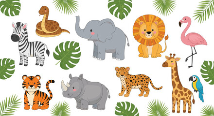 Fototapeta premium Cute Cartoon Safari Animal Vector Illustration Set with Lion, Elephant, Giraffe, Zebra, Tiger, Rhino, Flamingo, Snake, Leopard, and Tropical Jungle Elements