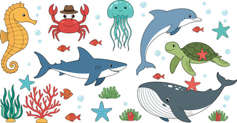 Fototapeta premium Cute Cartoon Sea Animals Vector Illustration Set with Dolphin, Shark, Whale, Turtle, Seahorse, Crab, Jellyfish, and Underwater Ocean Elements for Kids Designs