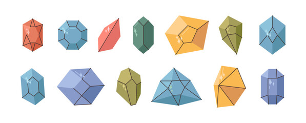 Precious stones or diamonds, isolated brilliants with shining facets. Vector wealth and richness, jewelry and decoration, status and luxurious decoration. Crystalline form of pure carbon