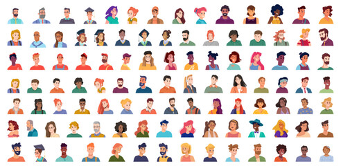 Collection of diverse avatars of happy people. Vector isolated smiling cartoon characters icons. Multicultural portraits of men and women personages. Workers, students and businessmen community