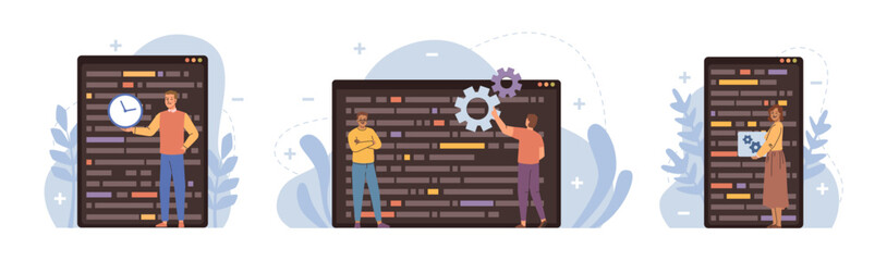 Little people programmers coding and fixing bugs in project. Vector big laptop screens with program codes. Small cartoon characters correcting errors in forecasts. Technology and electronic appliance