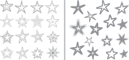 Fototapeta premium A versatile set of hand-drawn star doodles. The left side features intricate, multi-layered grey outlines, while the right side displays bold, solid grey star shapes and sketchy silhouettes.