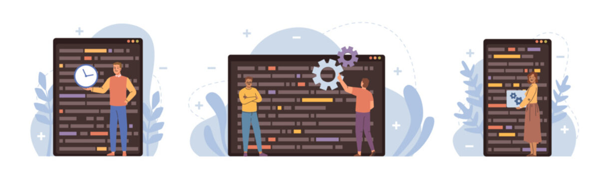 Little people programmers coding and fixing bugs in project. Vector big laptop screens with program codes. Small cartoon characters correcting errors in forecasts. Technology and electronic appliance