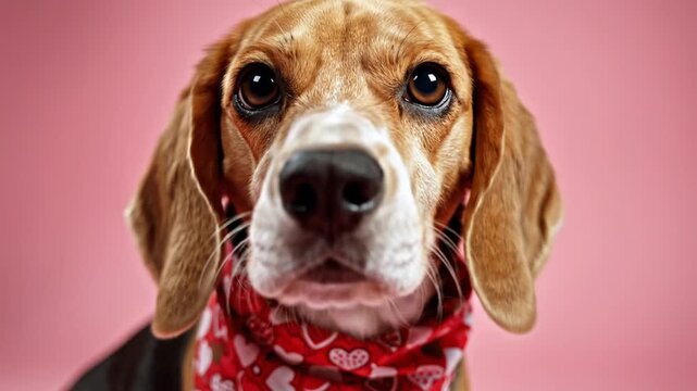A close up of a beagle dog wearing a red bandana with hearts on a pink background