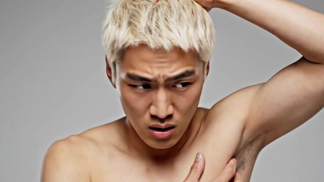 A shirtless asian man with blonde hair smelling his armpit with a concerned expression on a gray background