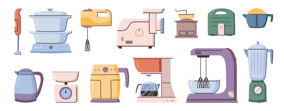 Modern electric kitchen appliances. Vector device for cooking. Meat grinder and scales, kettle and blender, toaster and mixer, steamer and pressure cooker, coffee maker and grinder, juicer