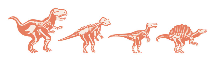 Ancient predators skeletons, isolated set of dinos fossils. Vector animal of Jurassic period with big teeth. Aggressive beasts, angry lizards from Polynesian era, monsters. Paleopathology and wildlife