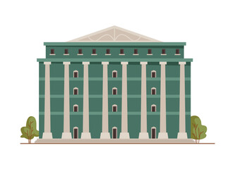 Naklejka premium Bank building facade, government institution. Vector isolated architecture facility with columns, university or school establishment. Landscape design and surrounding area, town infrastructure
