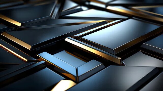 Different views of geometric shapes in a dark area show how light reflects on shiny materials. The arrangement changes as the camera moves, revealing details.