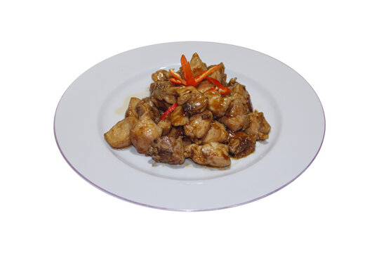 Delicious Diced Chicken Stir Fry With Sweet Soy Sauce On White Plate